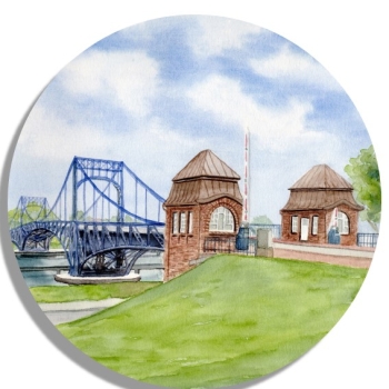 Untersetzer Glasuntersetzer rund 9,5 cm Aquarell Maritim Kunst Druck Kunstdruck Nordsee Wilhelmshaven  Kaiser-Wilhelm-Brücke