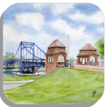 Untersetzer Glasuntersetzer 9,5 x 9,5 cm Aquarell Maritim Kunst Druck Kunstdruck Nordsee Wilhelmshaven Kaiser-Wilhelm-Brücke