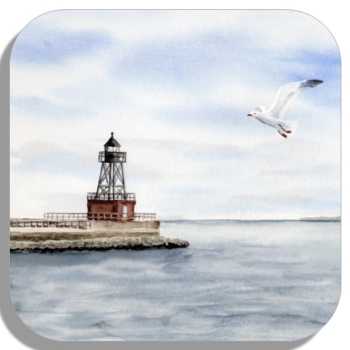 Untersetzer Glasuntersetzer 9,5 x 9,5 cm Aquarell Maritim Kunst Druck Kunstdruck Nordsee Wilhelmshaven Leuchtturm Mole Molenfeuer