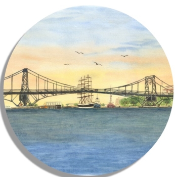 Untersetzer Glasuntersetzer rund 9,5 cm Aquarell Maritim Kunst Druck Kunstdruck Nordsee Wilhelmshaven  Kaiser-Wilhelm-Brücke