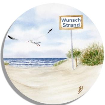 Untersetzer Glasuntersetzer rund 9,5 cm  Aquarell Maritim Kunst Druck Kunstdruck Dänemark Nordsee Ostsee Meer Möwe Strand Dünen Wunschname