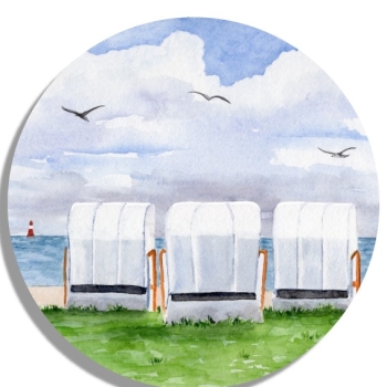 Untersetzer Glasuntersetzer rund 9,5 cm Aquarell Maritim Kunst Druck Kunstdruck Nordsee Wilhelmshaven Strandkorb Strand Jadebusen