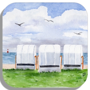 Untersetzer Glasuntersetzer 9,5 x 9,5 cm Aquarell Maritim Kunst Druck Kunstdruck Nordsee Wilhelmshaven Strandkorb Strand Jadebusen