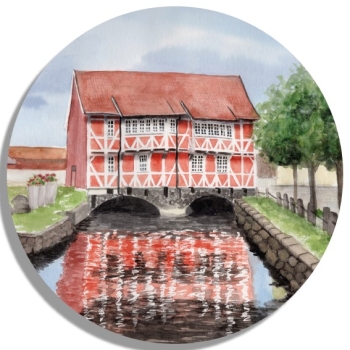 Untersetzer Glasuntersetzer rund 9,5 cm   Aquarell Maritim Kunst Druck Kunstdruck Ostsee Fachwerkhaus Wismar 