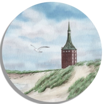 Untersetzer Glasuntersetzer rund 9,5 cm Aquarell Maritim Kunst Druck Kunstdruck Nordsee Insel Wangerooge Jugendherberge - Leuchtturm - WG3