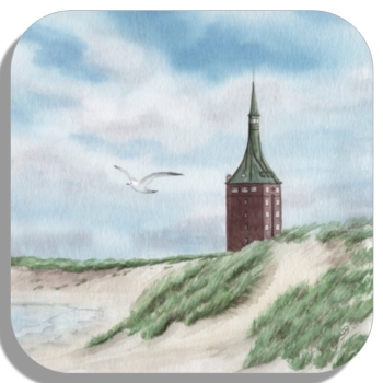 Untersetzer Glasuntersetzer 9,5 x 9,5 cm Aquarell Maritim Kunst Druck Kunstdruck Nordsee Insel Wangerooge Jugendherberge - Leuchtturm - WG3