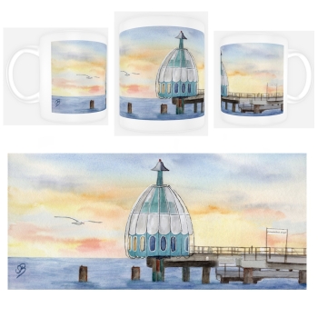 Cup Coffee Cup Mug  Watercolor Maritime Art Print Baltic Sea Zingst - Diving bell at sunset - Z2