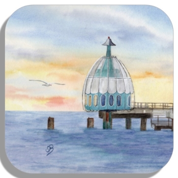 Coasters glass coasters 9,5 x  9,5 cm Watercolor Maritime Art Print Baltic Sea Zingst - Diving bell at sunset - Z2