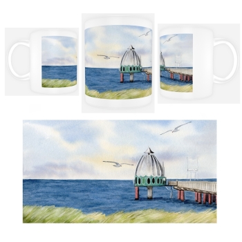 Tasse Becher Kaffeebecher Aquarell Maritim Kunst Druck Kunstdruck Ostsee Zingst - Tauchglocke im Sonnenuntergang - Z2