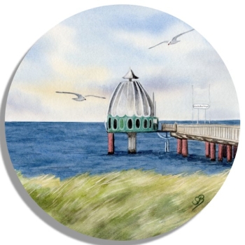 Untersetzer Glasuntersetzer rund 9,5 cm Aquarell Maritim Kunst Druck Kunstdruck Ostsee Zingst - Tauchglocke im Sonnenuntergang - Z2