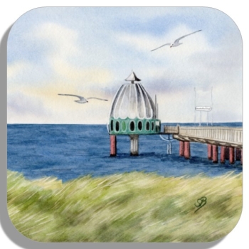 Untersetzer Glasuntersetzer 9,5 x 9,5 cm Aquarell Maritim Kunst Druck Kunstdruck Ostsee Zingst - Tauchglocke im Sonnenuntergang - Z2
