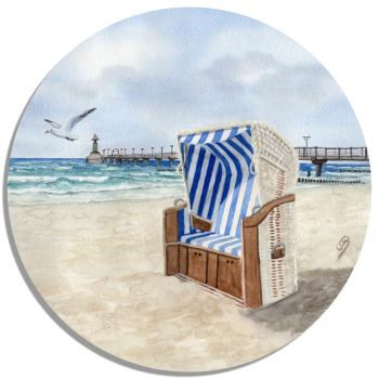 Coasters glass coasters 9,5 x  9,5 cm Watercolor Maritime Art Print Baltic Sea - Zingst – Pier Diving Bell Beach