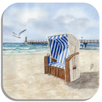 Coasters glass coasters 9,5 x  9,5 cm Watercolor Maritime Art Print Baltic Sea - Zingst – Pier Diving Bell Beach