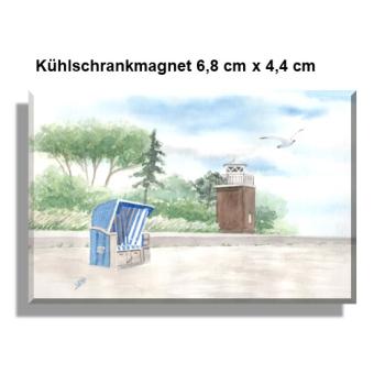 Kühlschrankmagnet Aquarell Maritim Kunst Druck Kunstdruck Nordsee Föhr Leuchtturm Strandkorb Strand Meer