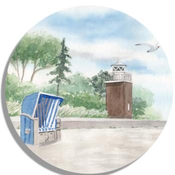 Untersetzer Glasuntersetzer 9,5 x 9,5 cm Aquarell Maritim Kunst Druck Kunstdruck Nordsee Föhr Leuchtturm Strandkorb Strand Meer