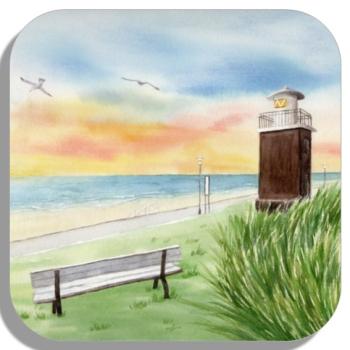 Untersetzer Glasuntersetzer 9,5 x 9,5 cm Aquarell Maritim Kunst Druck Kunstdruck Nordsee Föhr Leuchtturm Strandkorb Strand Meer