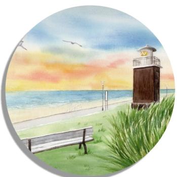 Untersetzer Glasuntersetzer rund 9,5 cm Aquarell Maritim Kunst Druck Kunstdruck Nordsee  Föhr Leuchtturm  Strand Meer