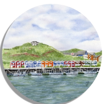 Untersetzer Glasuntersetzer rund 9,5 cm Aquarell Maritim Kunst Druck Kunstdruck Nordsee Insel Helgoland Hummerbuden Lange Anna Felsen Hafen Shops