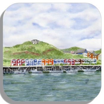 Untersetzer Glasuntersetzer 9,5 x 9,5 cm  Aquarell Maritim Kunst Druck Kunstdruck Nordsee Insel Helgoland Hummerbuden Lange Anna Felsen Hafen Shops