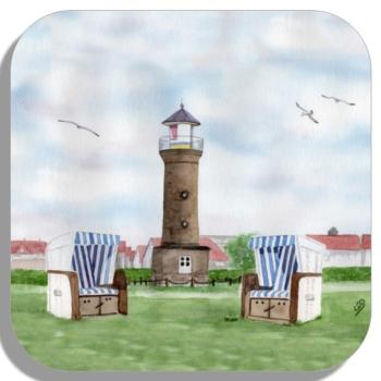 Untersetzer Glasuntersetzer 9,5 x 9,5 cm Aquarell Maritim Kunst Druck Kunstdruck Nordsee Juist Leuchtturm Insel