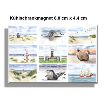 Kühlschrankmagnet  Aquarell Maritim Kunst Druck Kunstdruck Nordsee Strandkorb Leuchtturm Insel Juist Meer Strand Dünen