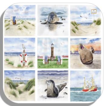Untersetzer Glasuntersetzer 9,5 x 9,5 cm Aquarell Maritim Kunst Druck Kunstdruck Nordsee Strandkorb Leuchtturm Insel Juist Meer Strand Dünen