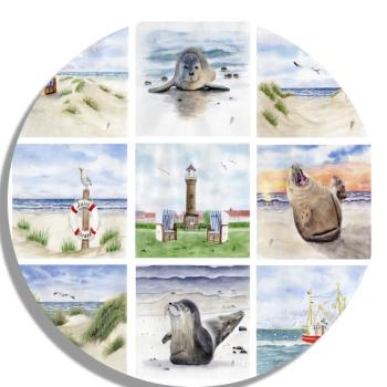Untersetzer Glasuntersetzer rund 9,5 cm Aquarell Maritim Kunst Druck Kunstdruck Nordsee Strandkorb Leuchtturm Insel Juist Meer Strand Dünen
