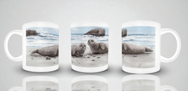 Tasse Becher Kaffeebecher  Aquarell Maritim Kunst Druck Kunstdruck Seehund auf Bauch Robbe Heuler Kegelrobbe Dänemark Nordsee Ostsee