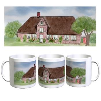 Tasse Becher Kaffeebecher Aquarell Maritim Kunst Druck Kunstdruck Nordsee Amrum Insel Öömrang Hüs Haus Museum