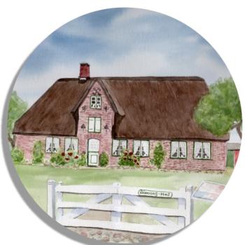 Untersetzer Glasuntersetzer rund 9,5 cm Aquarell Maritim Kunst Druck Kunstdruck Nordsee Amrum Insel Öömrang Hüs Haus Museum