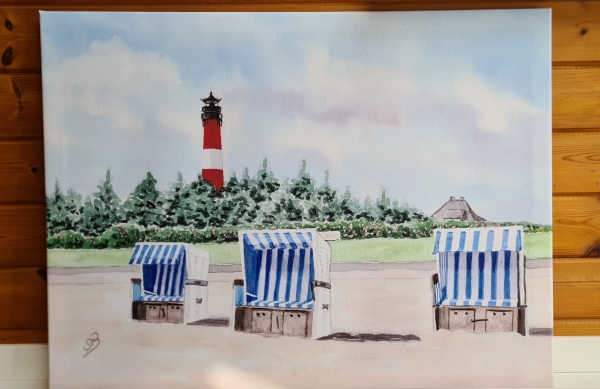 Leinwand 80 x 60 cm Keilrahmen Canvas-Leinen - Leuchtturm Hörnum mit Strandkorb - Sylt 20 Ausstellungsstück