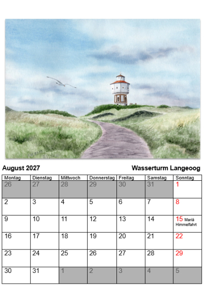 Nordseekalender Nordsee Kalender 2027 Borkum Helgoland Langeoog Westerhever Juist Dagebüll Neuharlingersiel.