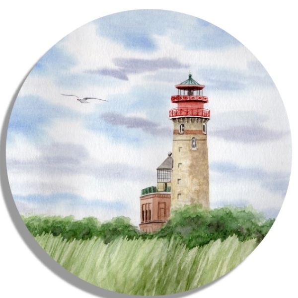 Untersetzer Glasuntersetzer rund 9,5 cm   Aquarell Maritim Kunst Druck Kunstdruck Ostsee Leuchtturm Kap Arkona