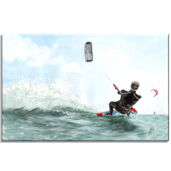Leinwand 30 x 20 cm Keilrahmen Canvas-Leinen  Aquarell Maritim Kunst Druck Wellenr Dänemark Nordsee  Sylt Meer Strand - Kitesurfer  Kitesurfen
