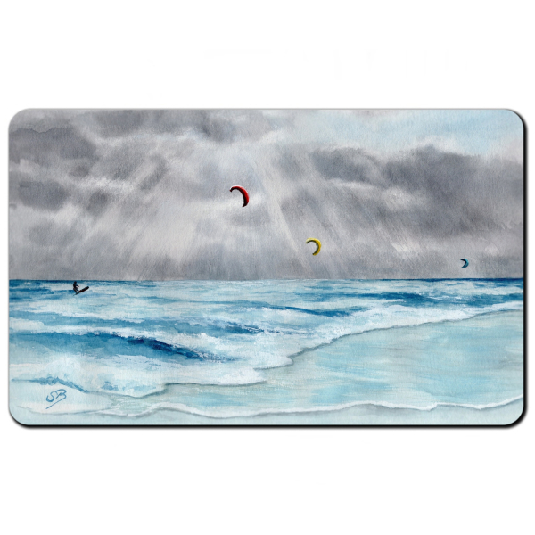 Frühstücksbrettchen Brettchen Aquarell Maritim Kunst Druck Wellenr Dänemark Nordsee  Sylt Meer Strand - Kitesurfer  Kitesurfen