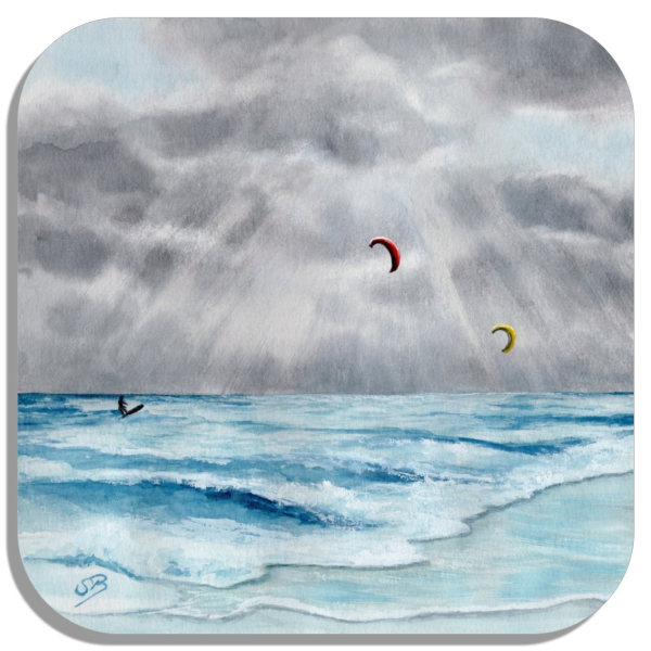 Untersetzer Glasuntersetzer 9,5 x 9,5 cm  Aquarell Maritim Kunst Druck Wellenr Dänemark Nordsee  Sylt Meer Strand - Kitesurfer  Kitesurfen
