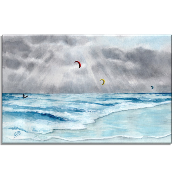 Stretcher frame canvas 40 x 30 cm  Watercolor Maritime Art Print Waves Denmark North Sea Sylt Sea Beach - Kitesurfer Kitesurfing