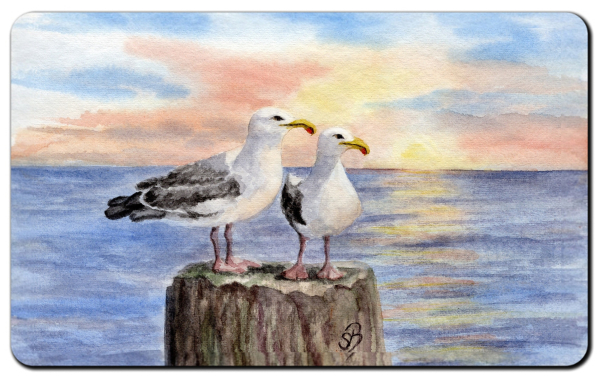 Frühstücksbrettchen - Möwen auf Pfahl im Sonnenuntergang - AL3
