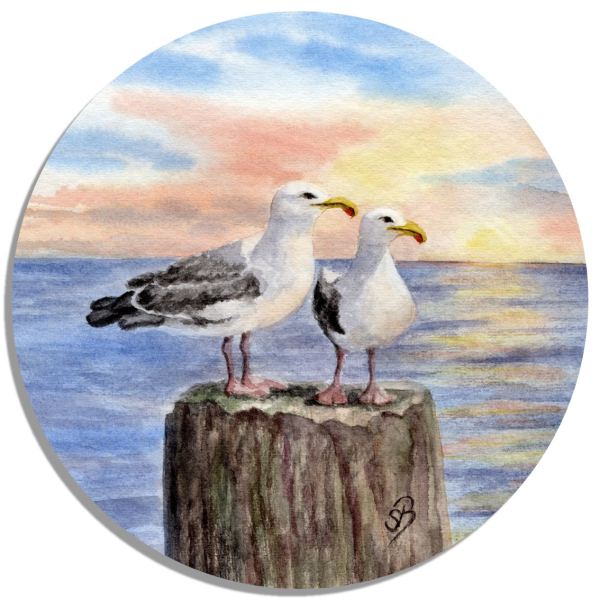 Untersetzer Glasuntersetzer rund 9,5 cm - Möwen auf Pfahl im Sonnenuntergang - AL3