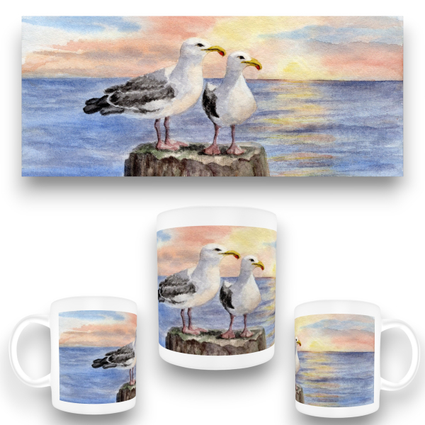 Tasse Becher Kaffeebecher - Möwen auf Pfahl im Sonnenuntergang - AL3