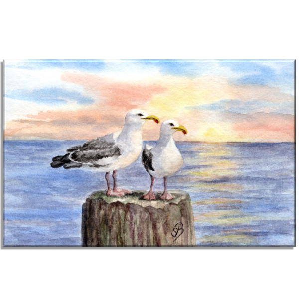 Leinwand 30 x 20 cm Keilrahmen Canvas-Leinen  - Möwen auf Pfahl im Sonnenuntergang - AL3