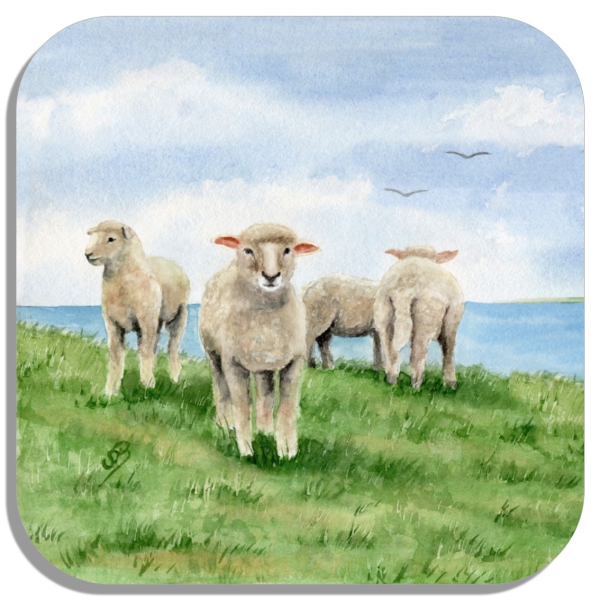 Untersetzer Glasuntersetzer 9,5 x 9,5 cm  Aquarell Maritim Kunst Druck Kunstdruck Nordsee Ostsee Schafe Schaf Deich Ostfriesland Deichschafe