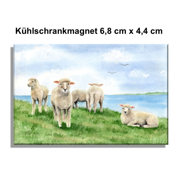 Kühlschrankmagnet  Aquarell Maritim Kunst Druck Kunstdruck Nordsee Ostsee Schafe Schaf Deich Ostfriesland Deichschafe