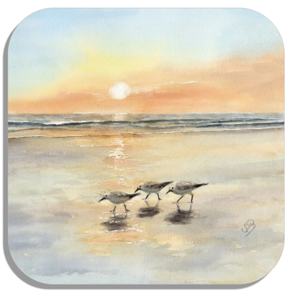 Untersetzer Glasuntersetzer 9,5 x 9,5 cm  Aquarell Kunst Druck Kunstdruck Vogel Strandläufer Meer Sonnenuntergang