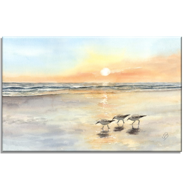 Leinwand 30 x 20 cm Keilrahmen Canvas-Leinen Aquarell Kunst Druck Kunstdruck Vogel Strandläufer Meer Sonnenuntergang