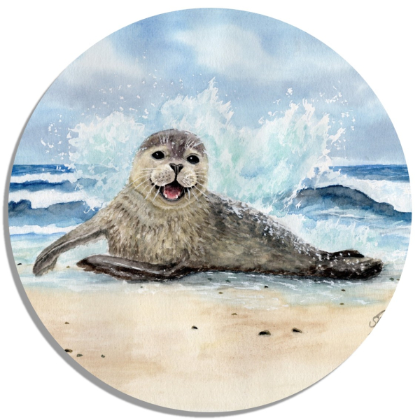 Untersetzer Glasuntersetzer rund 9,5 cm  Aquarell Maritim Kunst Druck Kunstdruck Seehund Welle Wellen Robbe Heuler Kegelrobbe Dänemark Nordsee Ostsee