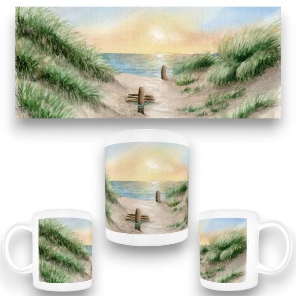 Tasse Becher Kaffeebecher  Aquarell Maritim Kunst Druck Kunstdruck Dänemark Nordsee Ostsee Düne Meer Möwe Strand