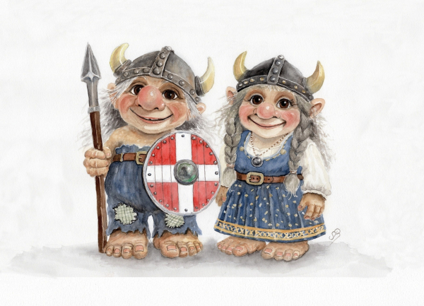Foil magnet watercolor art print Denmark Danmark Scandinavia - Viking Pair of Trolls Troll - AL8-DK