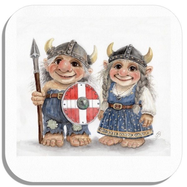 Coasters glass coasters 9,5 x  9,5 cm watercolor art print Denmark Danmark Scandinavia - Viking Pair of Trolls Troll - AL8-DK