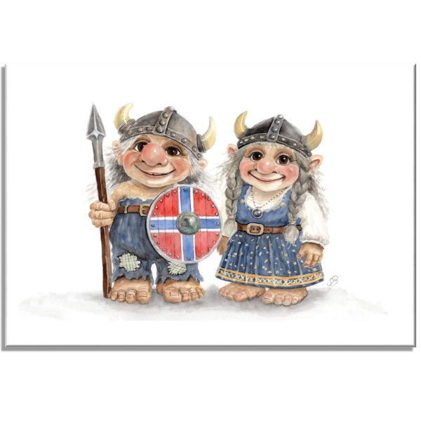 Stretcher frame canvas 40 x 30 cm watercolor art print Norwegen Norge Norway Scandinavia - Viking Pair of Trolls Troll - AL8-NO